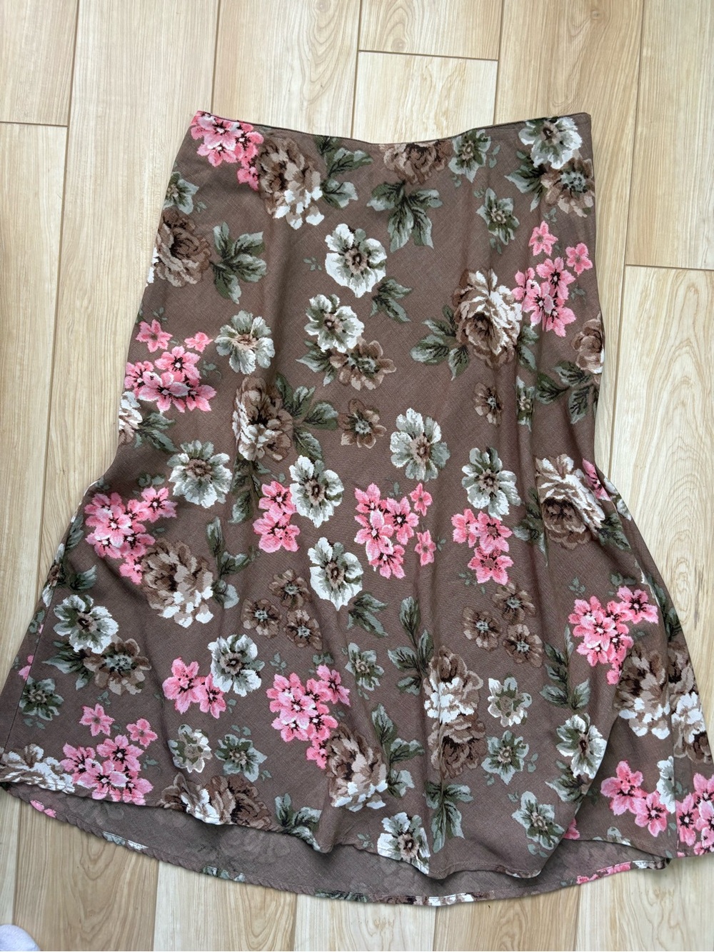 Vintage Brown Floral Midi Skirt with Pink Accents Cottagecore Feminine Pretty M